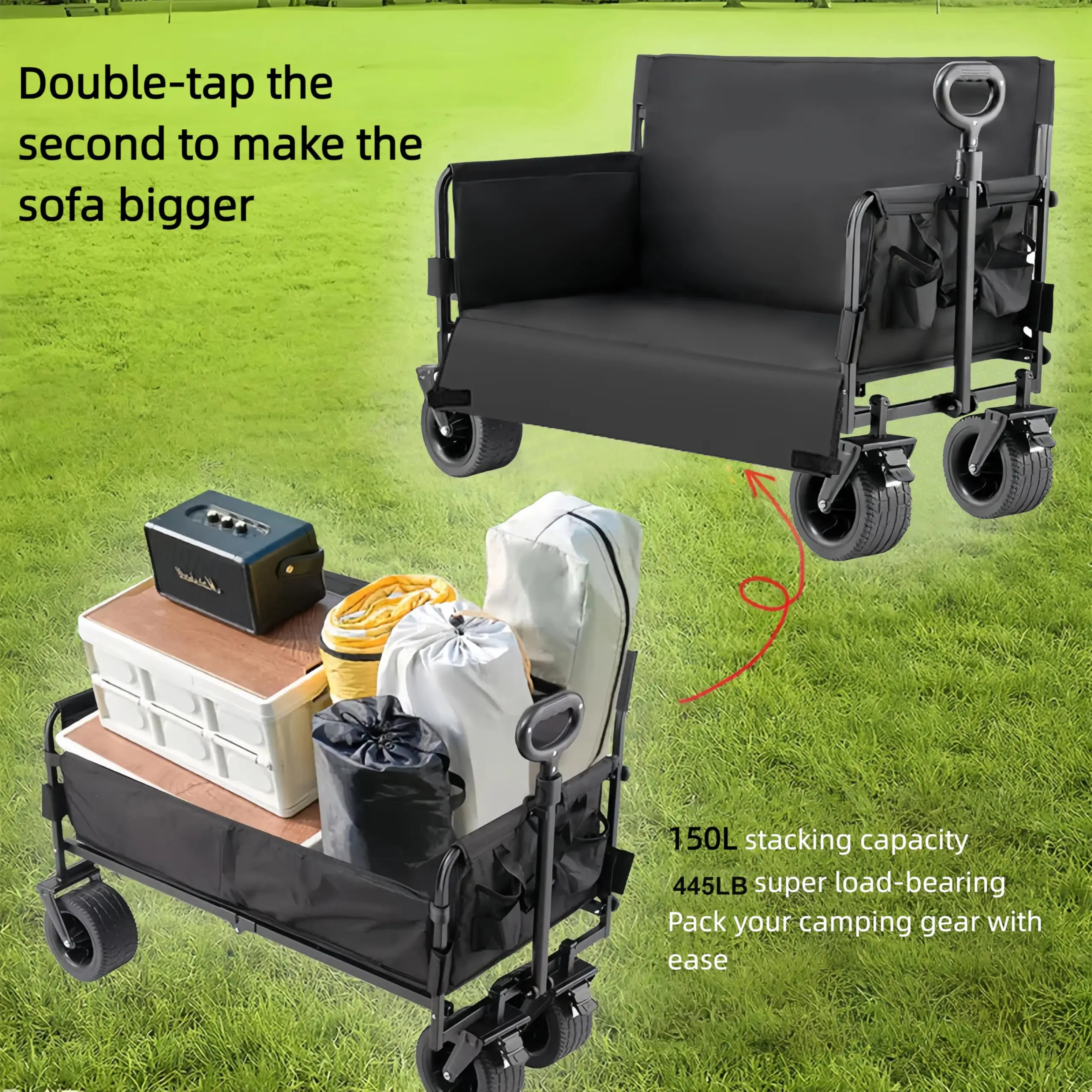 Wagon Foldable Cart Convert to Bench, Collapsible Heavy Duty Cart with Wheels, All Terrain Camping, Utility Grocery