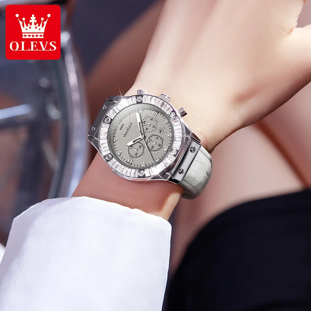 OLEVS Quartz Watch for Women Multifunction Diamond Dial Leather Strap Waterproof Chronograph Date Women's Watches 2024 Trend