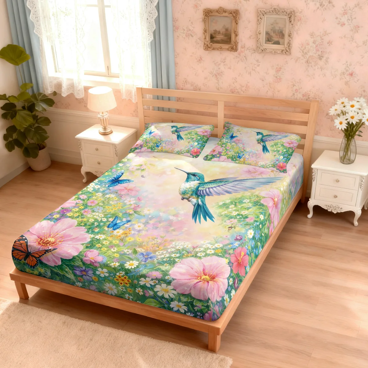3pcs Hummingbird Floral Print Coreless Bed Sheet Set, Multi Size Comfortable Bed Cover, Bedroom Bedding Decoration