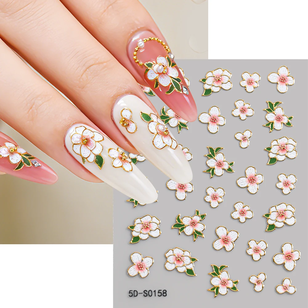 

1 шт. 5D винтажные цветочные наклейки для ногтей, блестящие золотые контурные стикеры для нейл-арта, розовые, белые цветы, зеленые листья, самоклеящиеся слайдеры