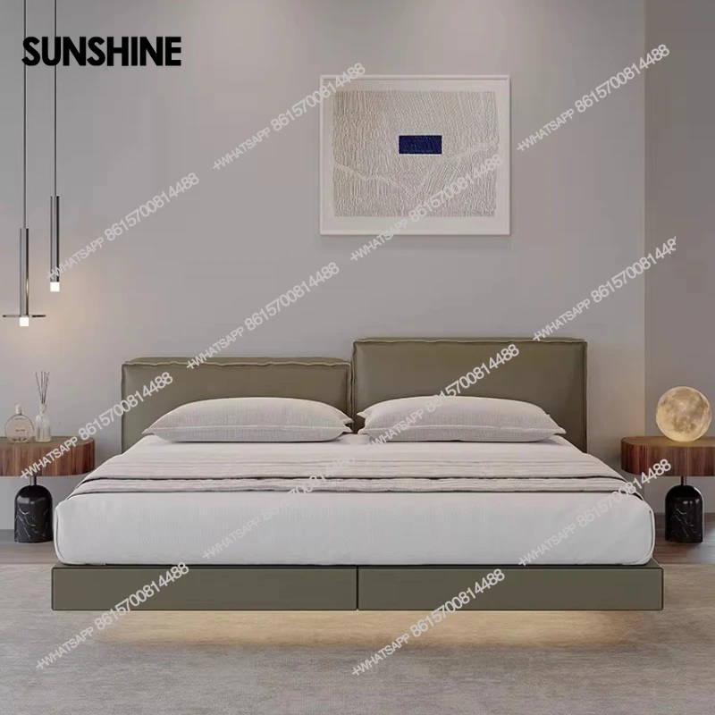 

Italian minimalist double bed Light luxury modern bedroom leather bed floating bed