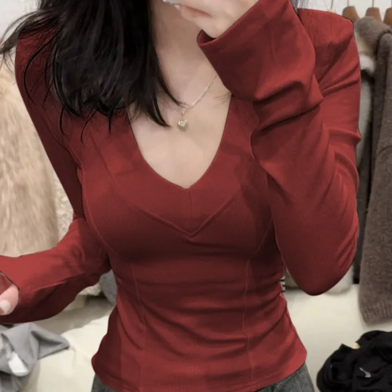 الكشمير حفرة قطاع الوجهين نحى الخامس الرقبة قاع قميص طويل الأكمام تي شيرت المرأة نقية شهوة نمط أعلى #2