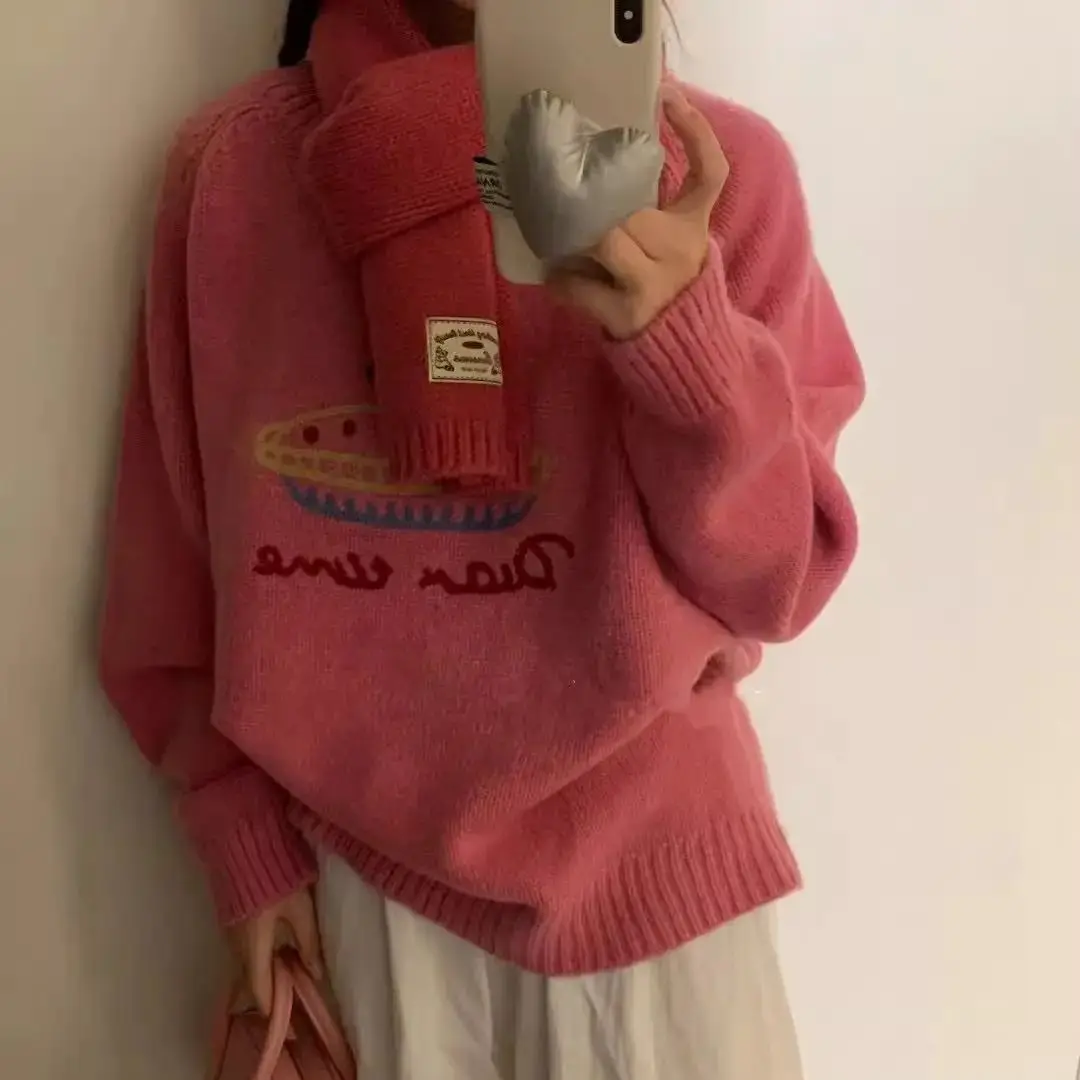 Rose Pink Pullover Cute Embroidered Outer Wear 2024 New Autumn Winter College Style Loose Ins Lazy Style Sweater