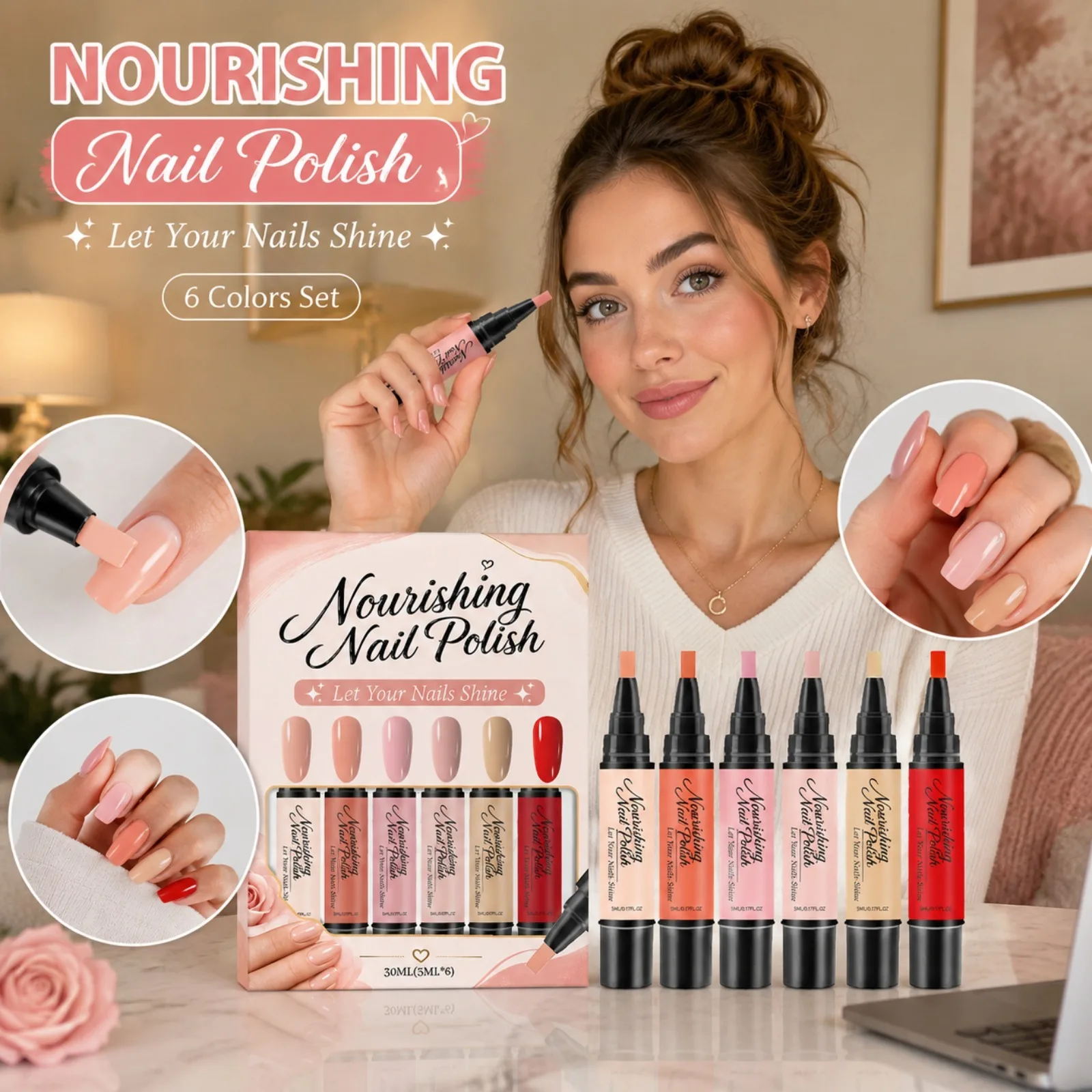 

6 Colors Nail Polish Pen Set Quick Dry Nail Art Pens for Women DIY Manicure Stroke Coloring Long Lasting Shiny Nail Pen