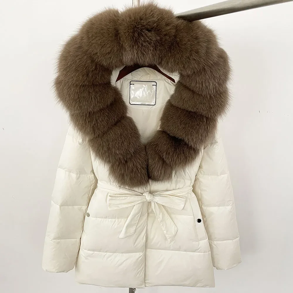 Jaqueta puffer senhora do escritório real guaxinim gola de pele de raposa casaco feminino overwears 2024 inverno pato branco para baixo jaqueta solta casual