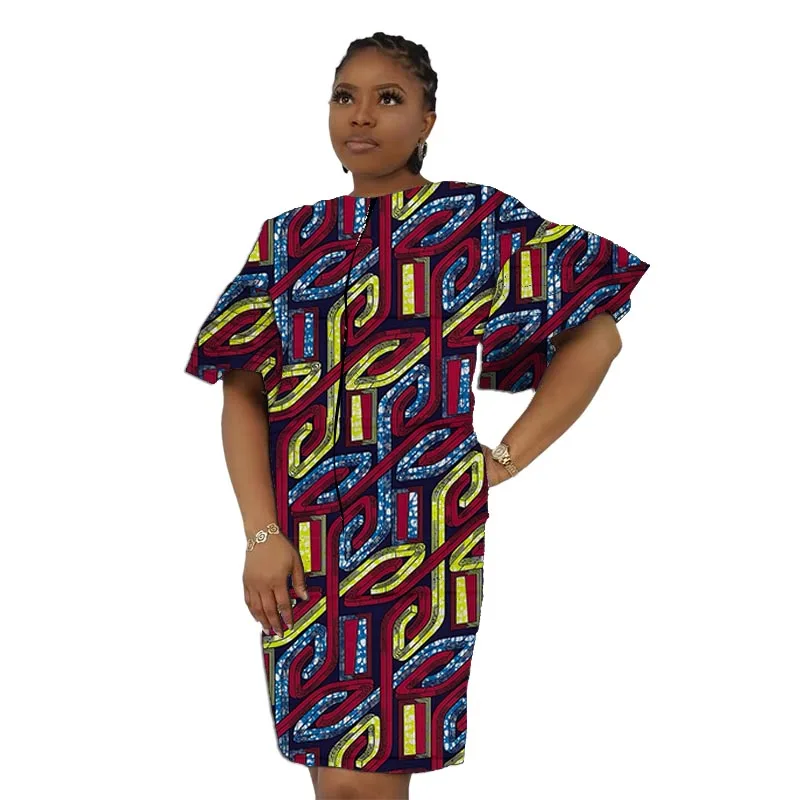 Traditional Handmade Custom O-Neck Dress African Fashion Colorful Print Flare Sleeves Origin Design Women's Ankara Outfit