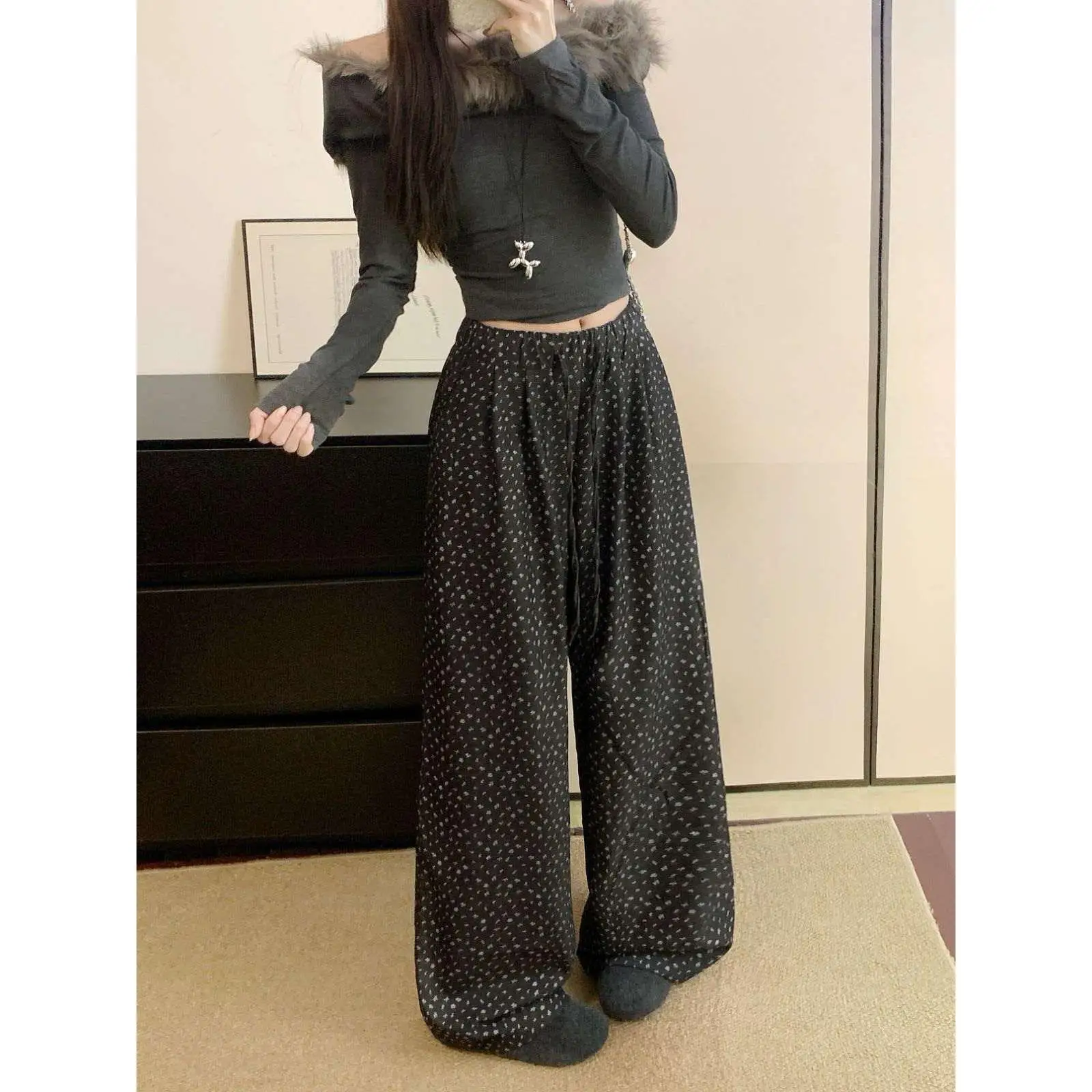 Trendy Elastische Taille Dstring Blumen Druck Lose Breite Bein Hause Gerade Casual Hosen Frauen Frühling Herbst Hohe Taille Polyest...