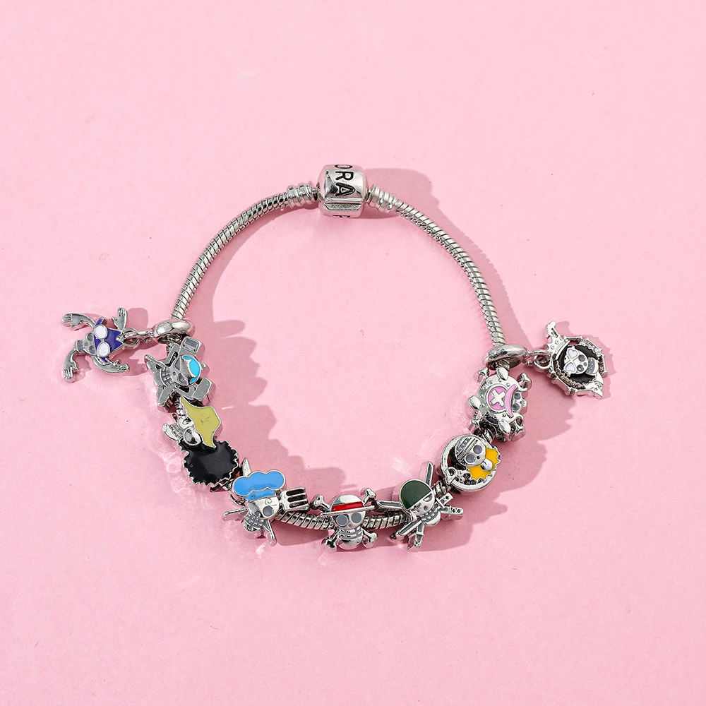 Fashion Straw Hat Pirates DIY Bracelet, Zinc Alloy Multi‑Skull Charms, Silver‑Plated Adjustable Chain for Party Cosplay Jewelry