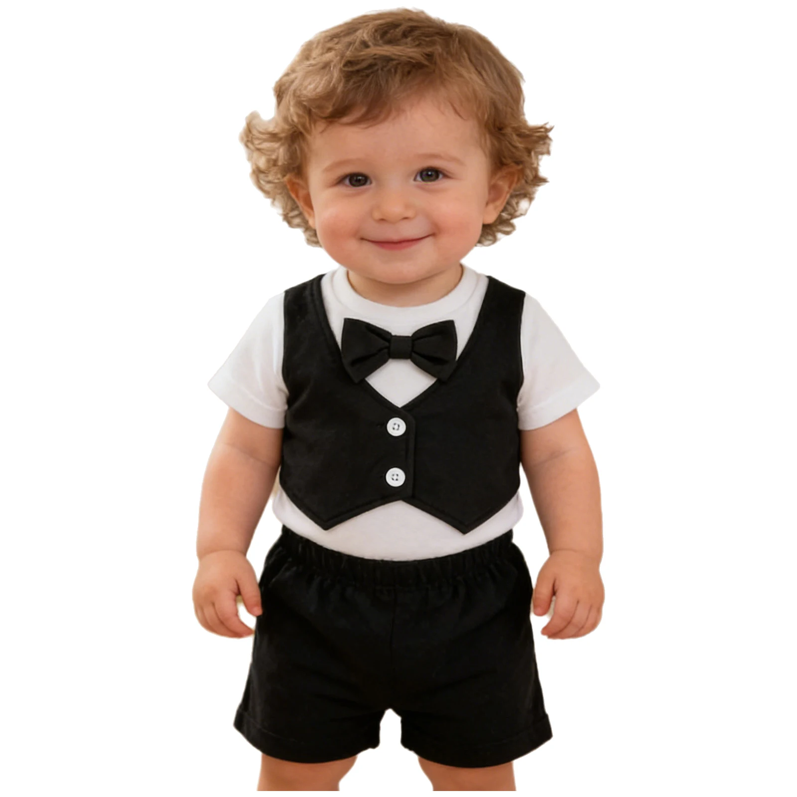 

Baby Boys Gentleman Suit Short Sleeve Button Crotch Bowtie Vest-style Romper with Shorts Wedding Birthday Party Formal Outfit