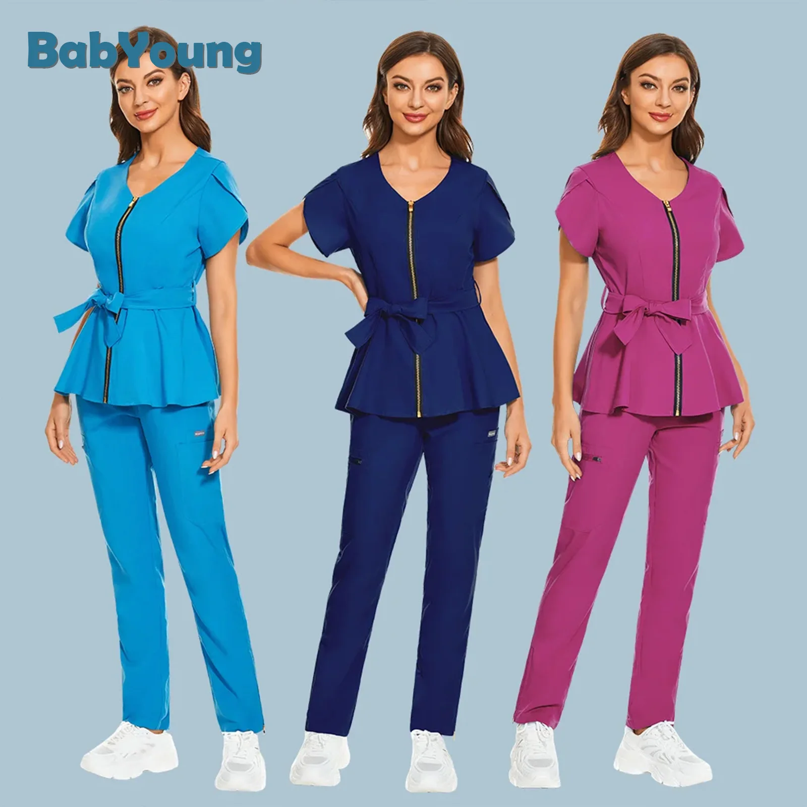 

Women Workwear Beauty Salon Clothes Scrub Coat+pants Suit Spa Uniform Pet Grooming Institution Zipper-neck Doctor Scrub Uniforms