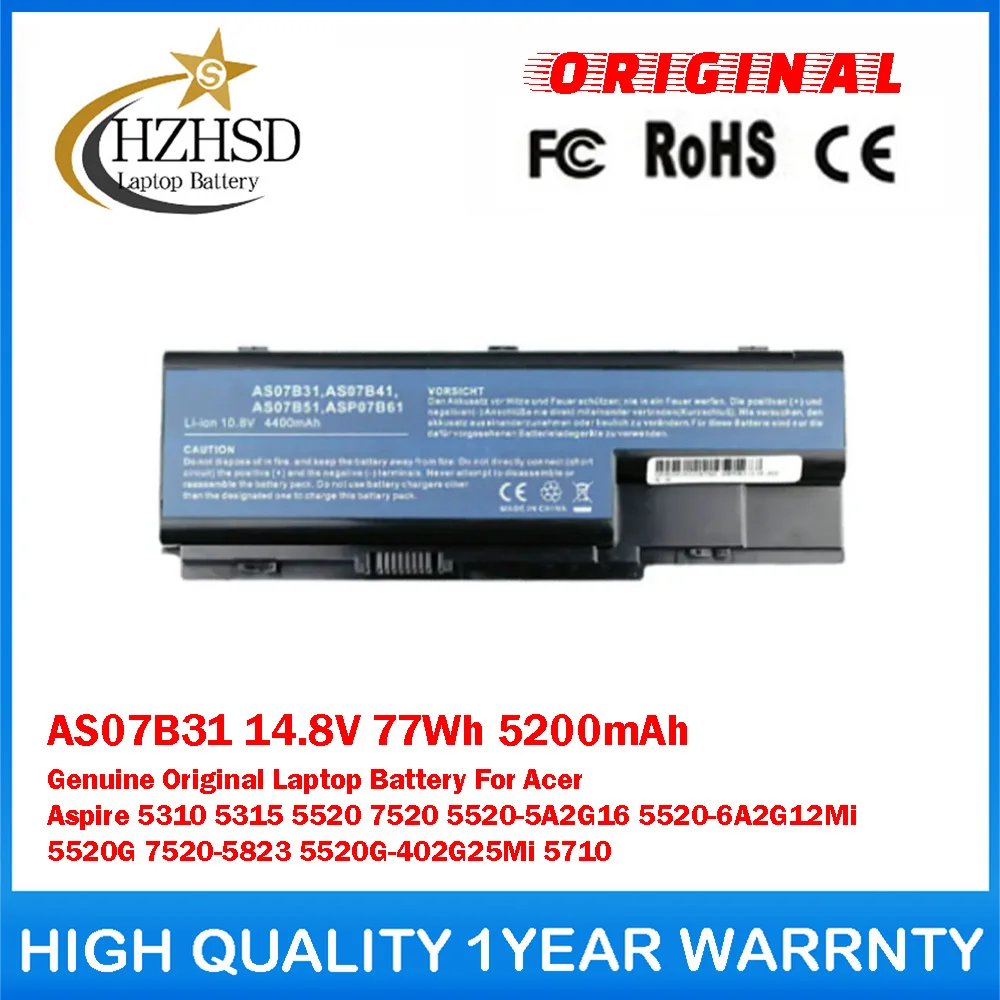 AS07B31 14.8V 77Wh 5200mAh Genuine Original Laptop Battery For Acer Aspire 5310 5315 5520 7520 5520-5A2G16 5520-6A2G12Mi 5520G