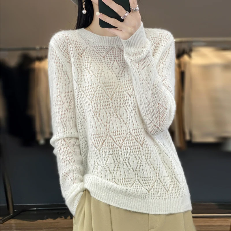 Spring Autumn New 100 Woolen Sweater Women\'s Low Round Neck Pullover Knitted Hollow Out Thin Solid Color Bottom Loose Top Trendy