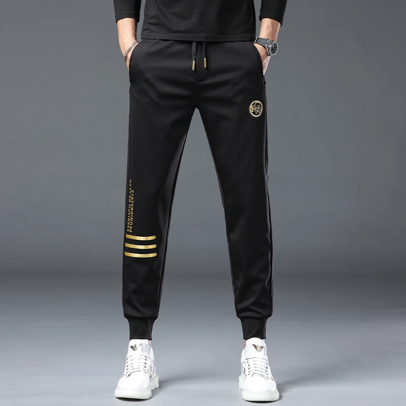 2024 fall and winter thick casual sports fashion black Slim hot gold printing flowers drawstring tie tide men's sweatpants