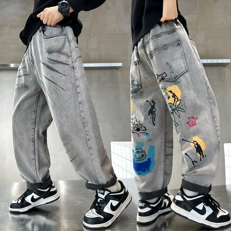

Boys Jeans Spring and Autumn light color American graffiti children's pants loose dad Pants Personalized Straight Pants 5-14Y