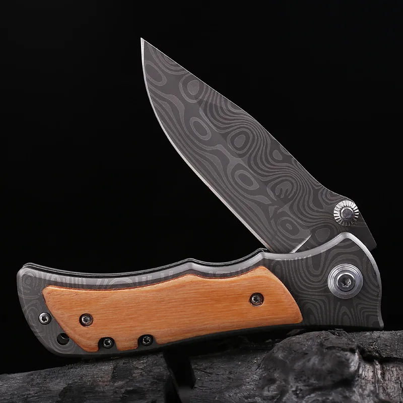 Top Quality Tactical Damascus Coating Flipper Folding Knife Stainless Steel+Wood Handle Camping Hunting Knives Pocket EDC Tool