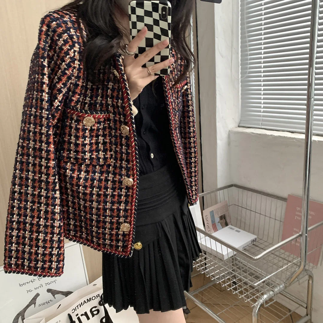 

Autumn Tweed Blazer Elegant Weave Plaid Women Jacket Blazer Pocket Plus Velvet Winter Causal Tweed Coat Office Lady Suit Jackets