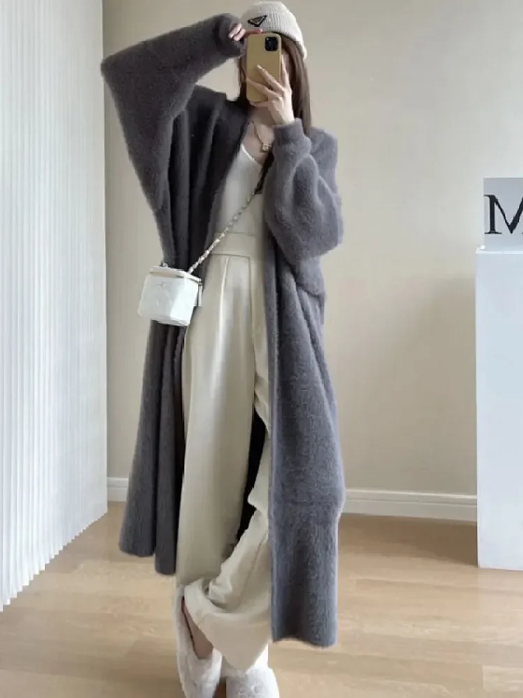 Korean Solid Long Woman Cashmere Cardigan Coat Sweet Fluffy Long Sleeve Sweater Winter Warm Loose Female Midi Knitted Clothing