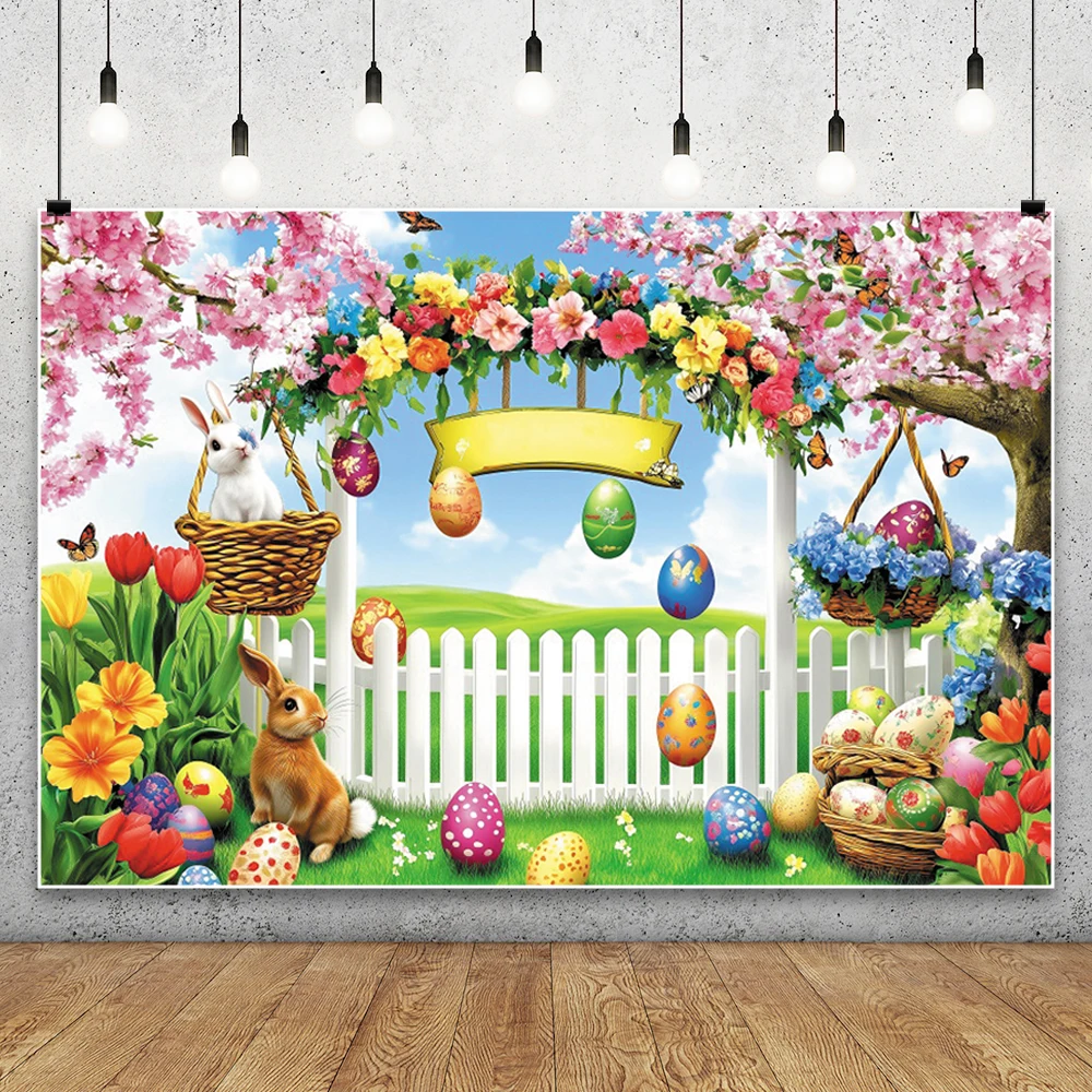 Spring Easter Backdrop Pink Flowers Fence Easter Colorful Eggs Green Lawn Natural Scenery Photography Background Photo Studio