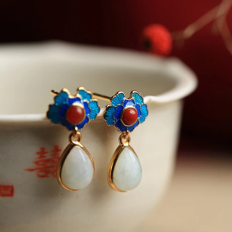 

Natural Hotan Jade Peony enamel earrings for women Ancient gold craft Exquisite palace style retro water drop Eardrop jewelry