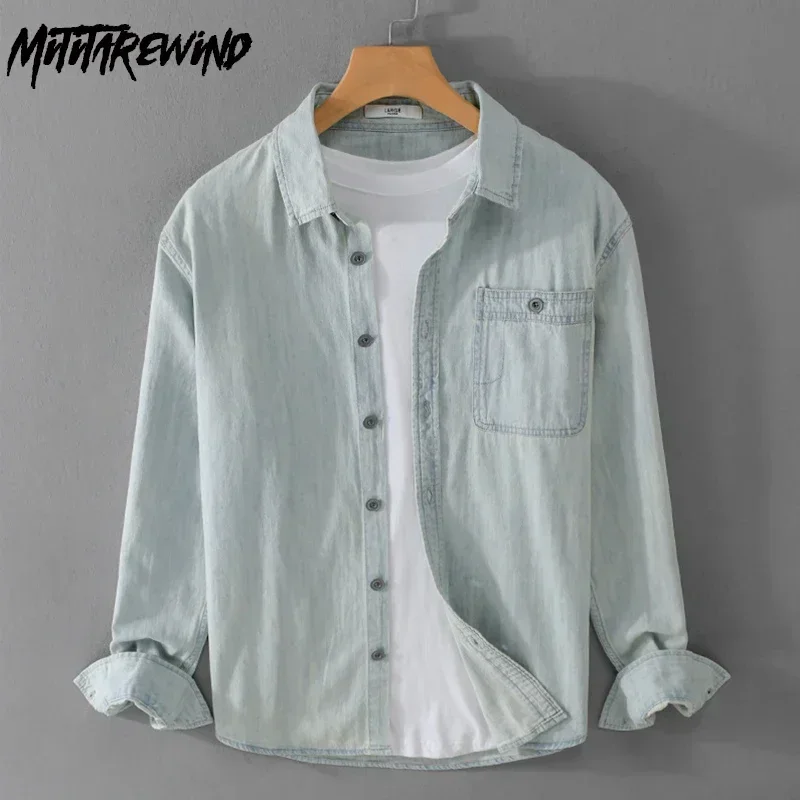 

Spring Fall Vintage Denim Shirt Men Long Sleeve Korean Style Casual Light Blue Jean Shirts Lapel Pure Cotton Cowboy Top Simple