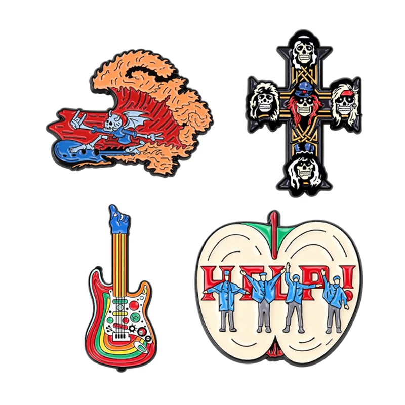 Banda de Rock Vintage Punk calavera Cruz esmalte Pin Arco Iris guitarra eléctrica Apple Help broche música Rock joyería regalo para Fans amigos