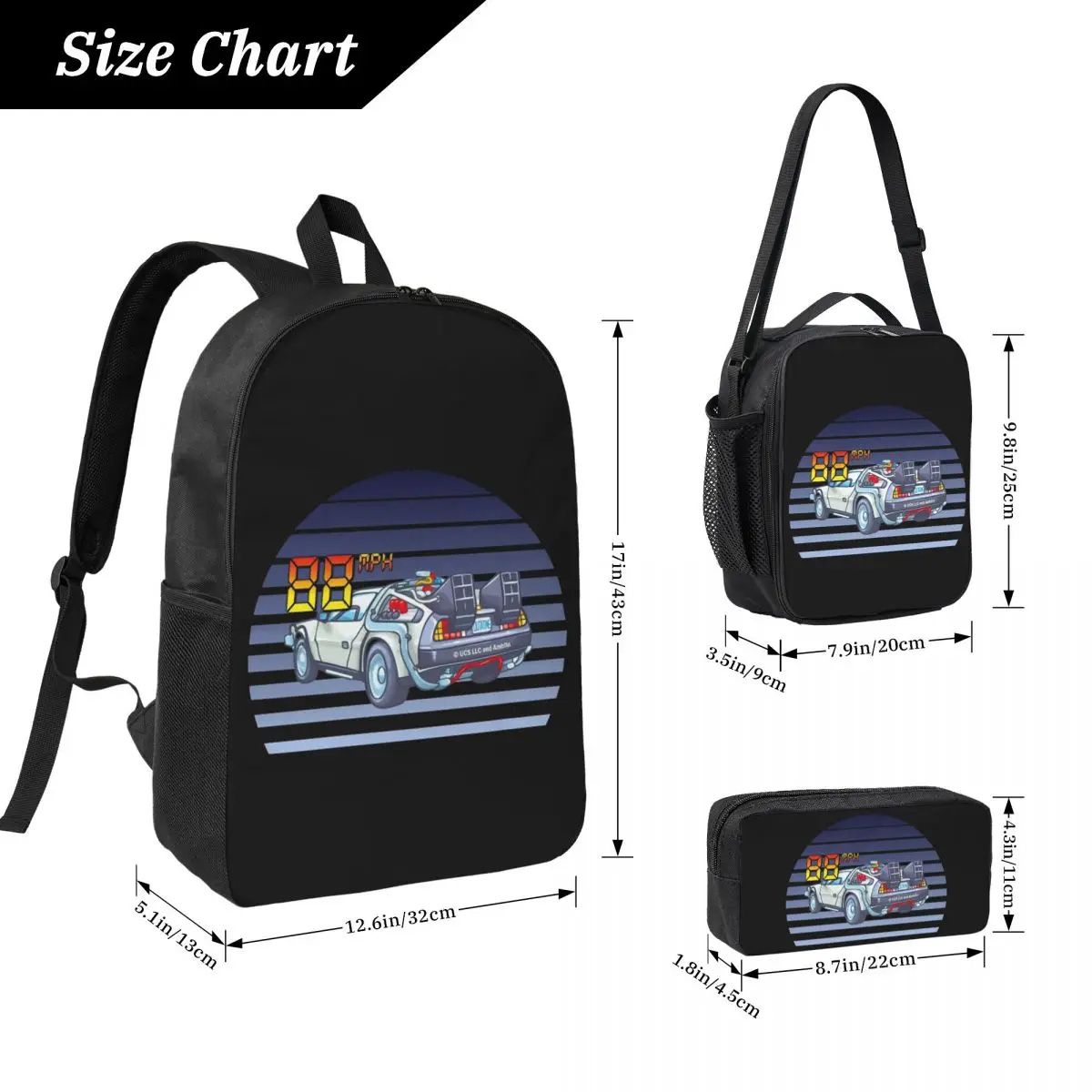 DeLorean Back To The Future Backpack Boys Girls BookBag School Bag Laptop Shoulder Bags 3ps Insulated Lunch Bag Pencil Case
