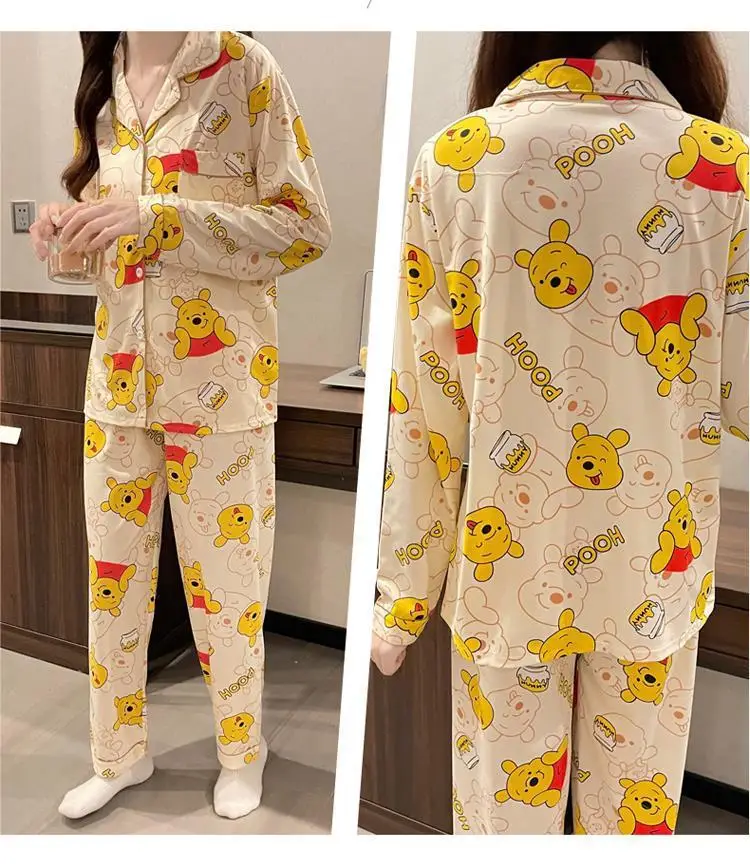 Pajamas Women\'s Disney Cartoon Bear Spring Autumn Pajamas Long Sleeve Trousers New Cartoon Loose Cardigan Pajamas Home Suit