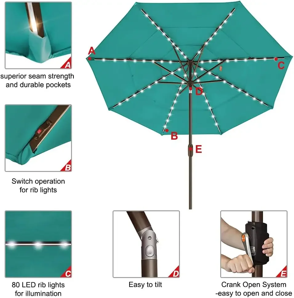 

10-Year-Non-Fading Solar 9ft 3 Tiers Market Umbrella with 80 LED Lights Patio Umbrellas Outdoor Table with Ventilation, Teal