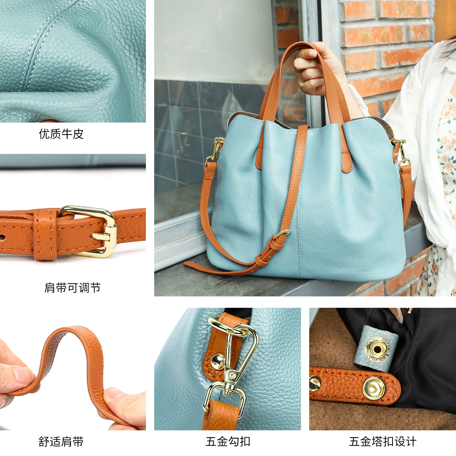 Niche Genuine Cowhide Tote Bag for Women Color Block Minimalist Handbag Soft Leather Large Capacity High-End Work Tote