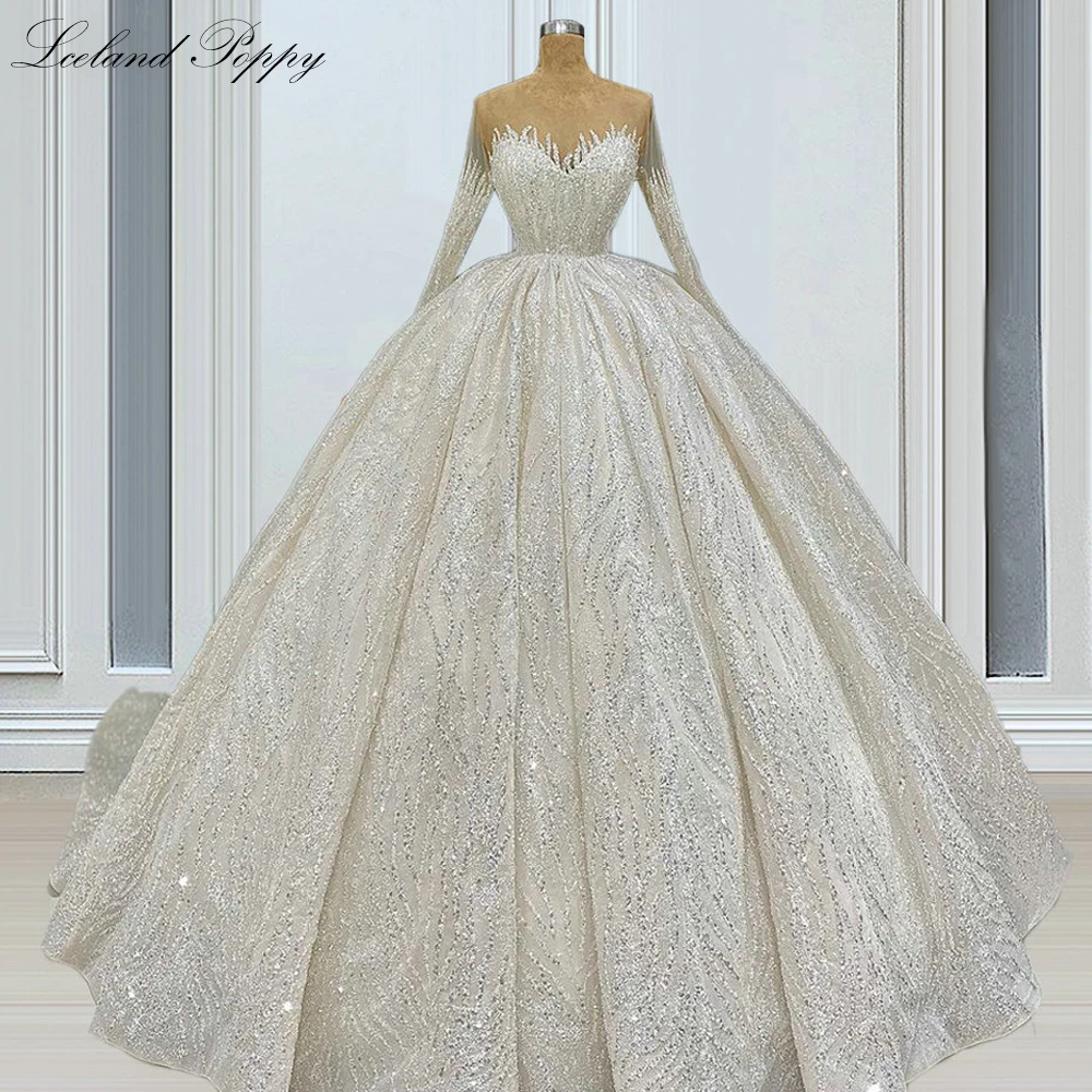 Lceland Poppy Customized Women's Ball Gown Lace Wedding Dresses Buttons Up Floor Length Sequined Bridal Gowns with Court Train