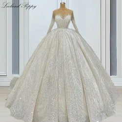 Lceland Poppy Customized Women's Ball Gown Lace Wedding Dresses Buttons Up Floor Length Beaded Bridal Gowns with Court Train