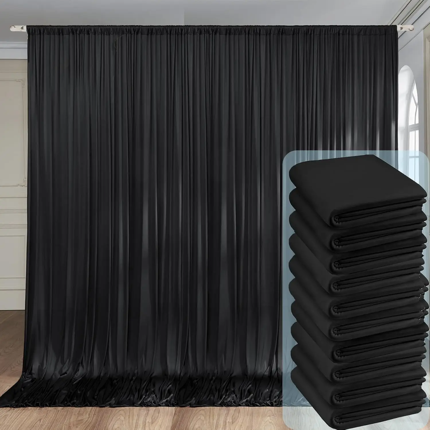 50 ft x 10 ft Wrinkle Free Black Backdrop Curtain for Parties, 10 Panels 5ft x 8ft Polyester Black Photo Backdrop Drapes for Gra