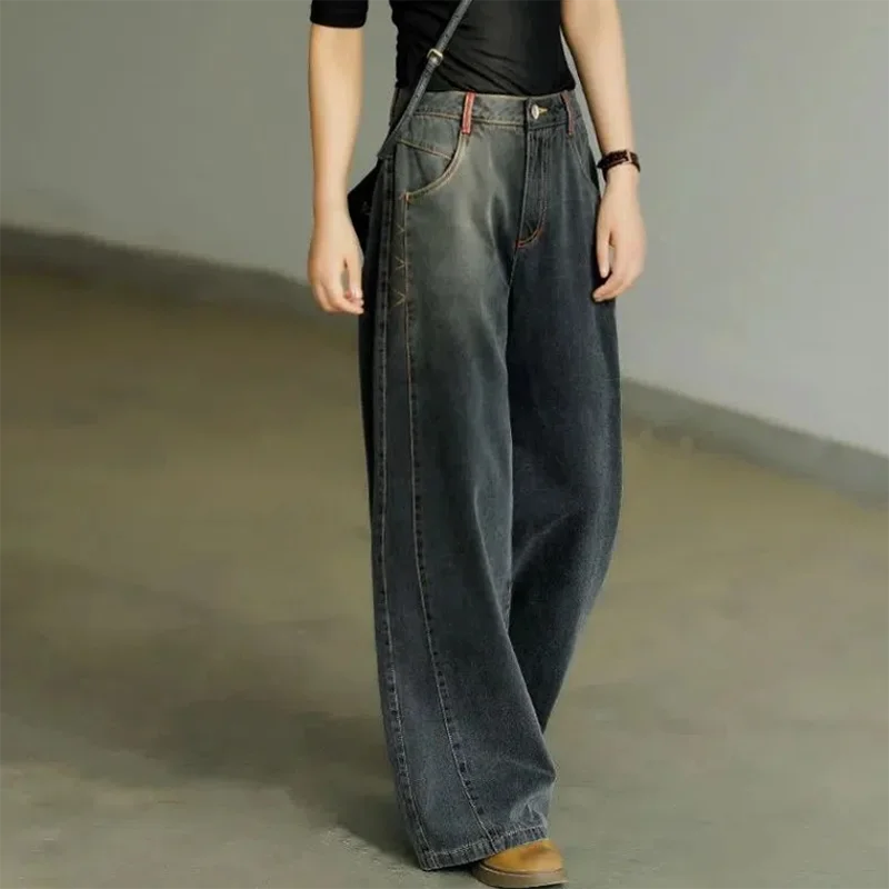 

Fried Street Leisure Straight Jeans Women Spring Autumn 2024 Fashion Loose High Waist Mopping Hyun Kim Style Wide-Leg Pants