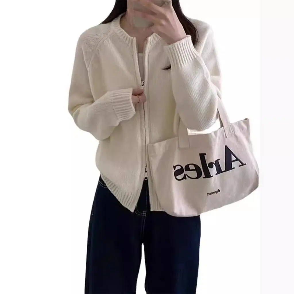 

Women's Gray Short Sweater Jacket Loose Thickened Zipper Cardigan Long-Sleeved Knitted Top for Autumn And Winter