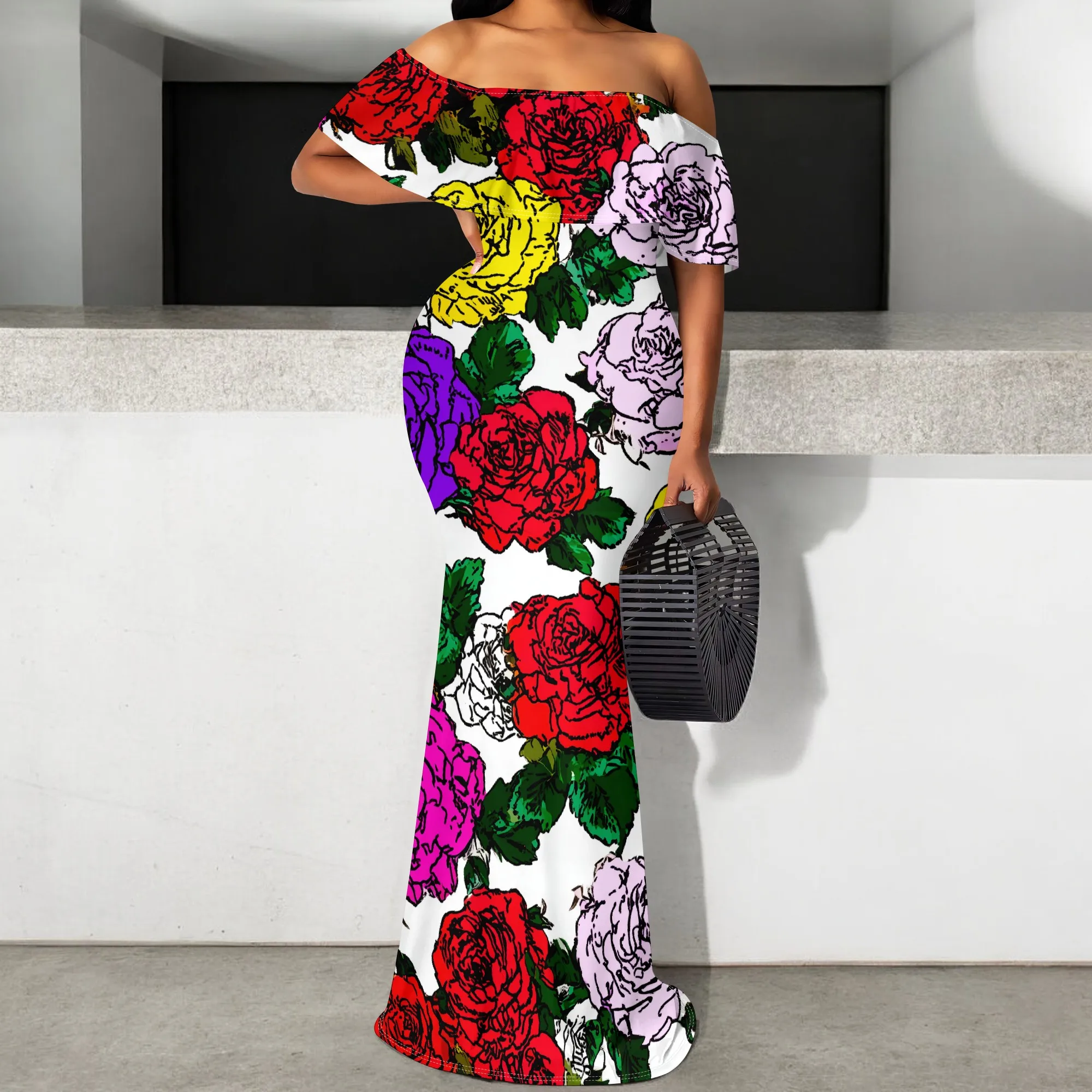

Women's Off-the-Shoulder Maxi Dress Bodycon Big Rose Floral Print Dress Elegant Mermaid Party Dress for Summer S-3XL