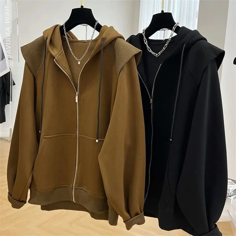 Plus Size Hooded Zipper Sweater Women\'s Loose Cardigan Coat Spring Autumn Fashion Letter Hoodies Sweatshirt Outwear Tops Female