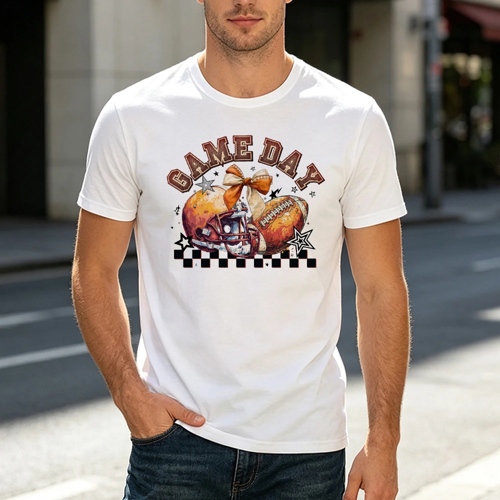 Game Day Varsity Football Men T Shirt Vintage Helmet Bow Graphic Tee Streetwear Sports Fan Apparel Gift Casual Top