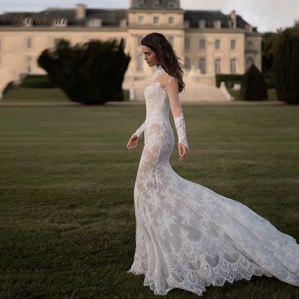 Lorencia Long Sleeves Lace Mermaid Wedding Dresses Sheer Neckline Fitted Bridal Gowns Customized Trumpet Bride Dresses