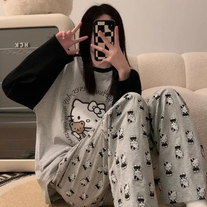 Cute Sanrioed Hello Kittys Women\'s Pajamas Set Cartoon Student Autumn Winter Long Sleeve Pants Loose Home Clothes Girl Nightwear