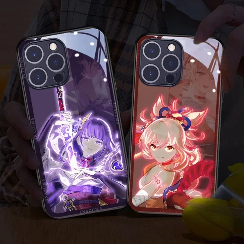 Genshin Impact Led Phone Case Call Design Light Flash Up For Iphone 14 13 12 11 Pro Max X 8 7 6 Control Luminous Cover Cute Gift