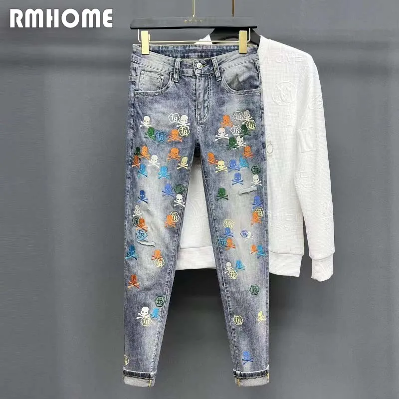 Jeans Men's Pants Skull Head Embroidery Design Small Foot Slim Blue Jeans Hip-hop Streetwear Fashionable Brand Casual Trousers