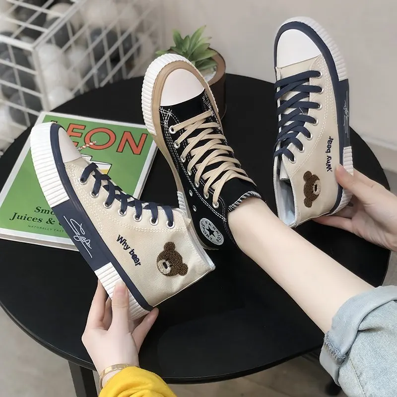 Cute Bear Canvas Shoes for Women Breathable Sneakers Fashion Casual Vulcanized Sport  Shoe Flats High/Low Top Lace Up Zapatos