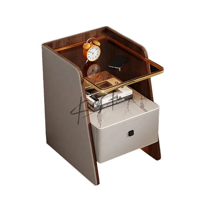 Lightweight Luxury Fingerprint Lock Multifunctional Bedside Table Modern Simple Saddle Leather Bedside Table