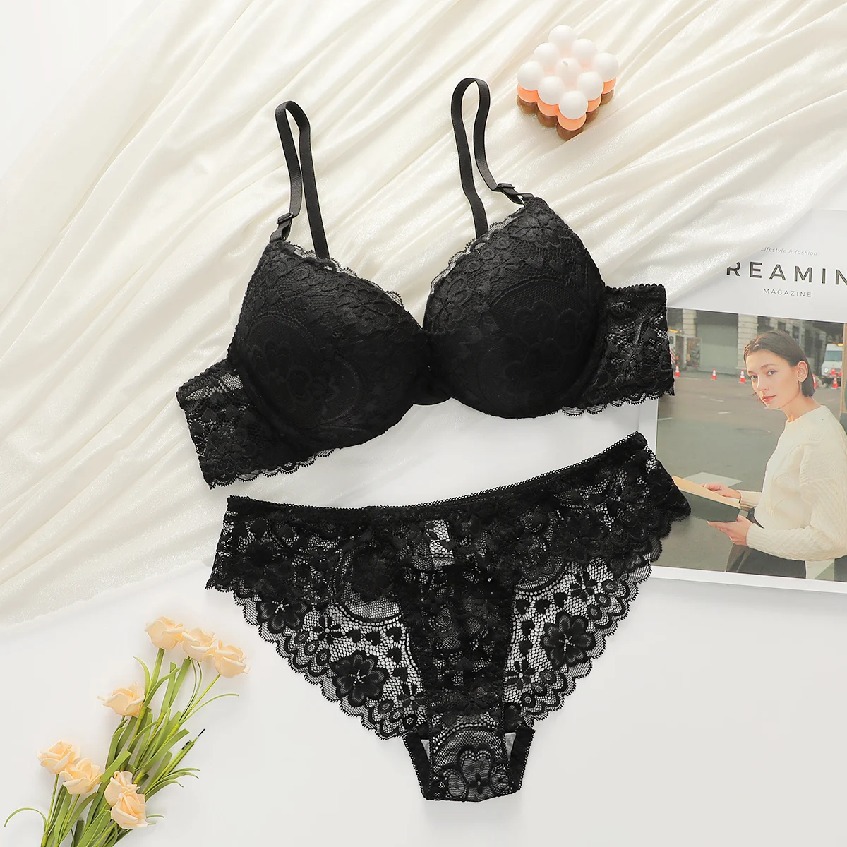 

Viomisha Sexy lingerie Set Lady Push Up Bras Set Transparent Floral Underwire Intimate Pretty Lace Underwear Panty Set