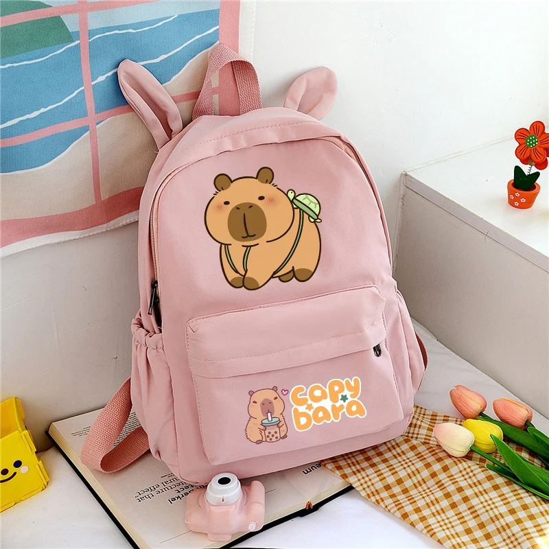 Sac à dos Capybara mignon, imprimé anime sur toile, pour garçons et filles, étudiants, rangement stylos et livres, sac d'école avec oreilles de lapin, pour enfants et adultes, cadeau kawaii pour fête