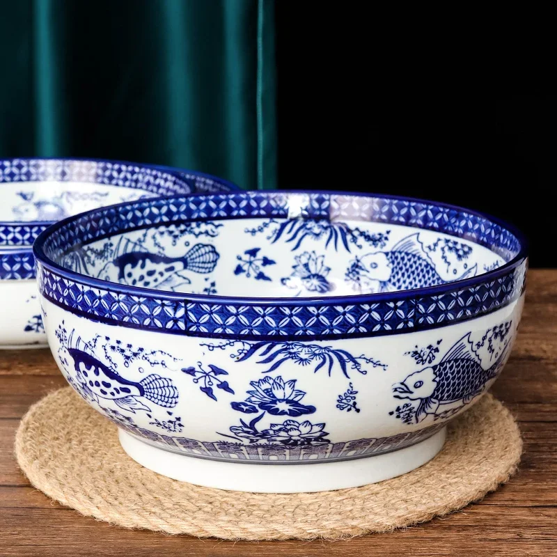 

Blue And White Porcelain Bowl Ceramic Tableware Commercial Big Soup Bowl Chinese Antique Pickled Bowl Household
