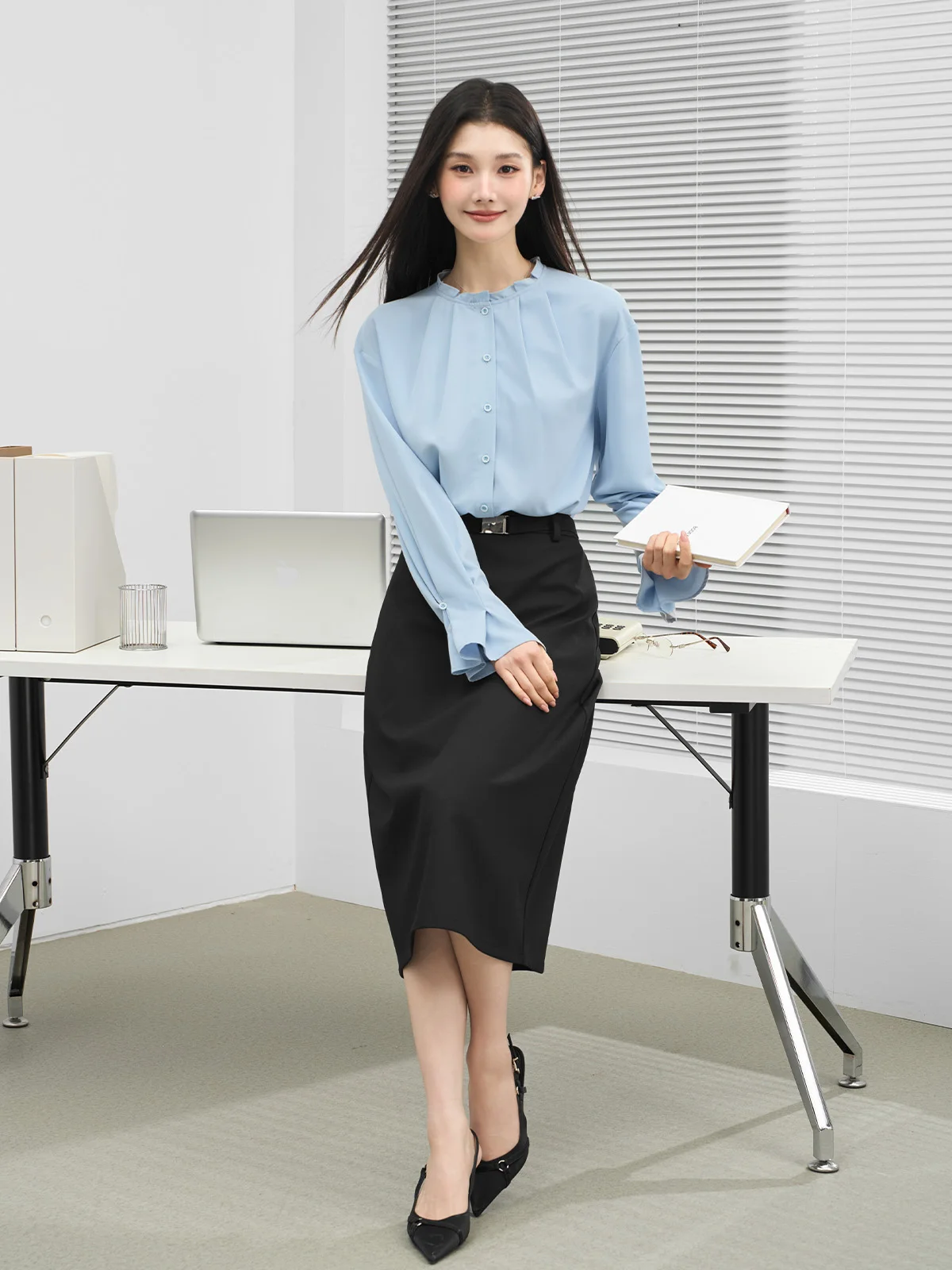 

Blue Long Sve irt for Women Profional Career Wear Formal Interview Commute Spring Autumn Top by Bird Miss Polyester F...