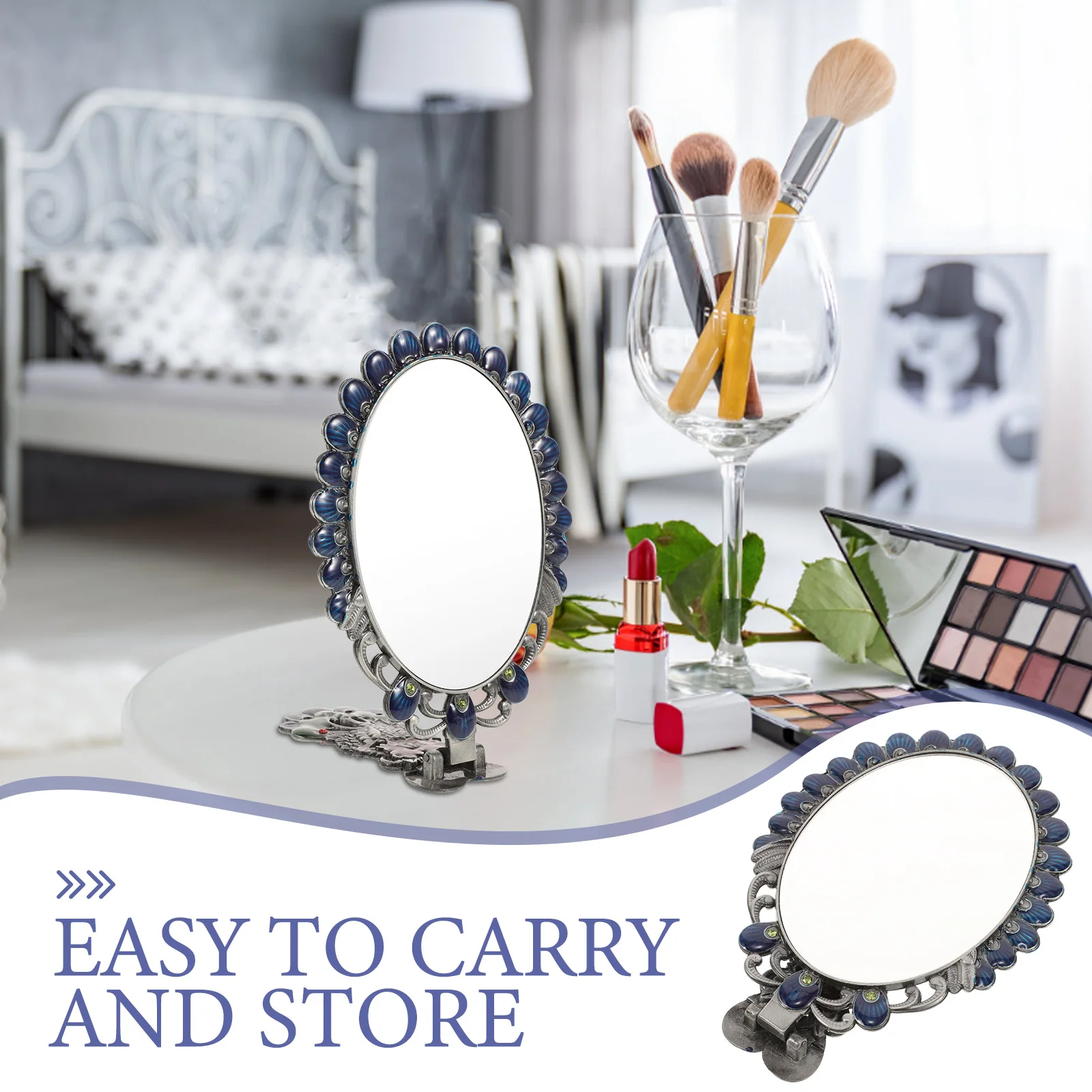 Vintage faltbarer kleiner Handspiegel Pfauen-Design tragbarer kompakter Spiegel für Kosmetik-Handspiegel