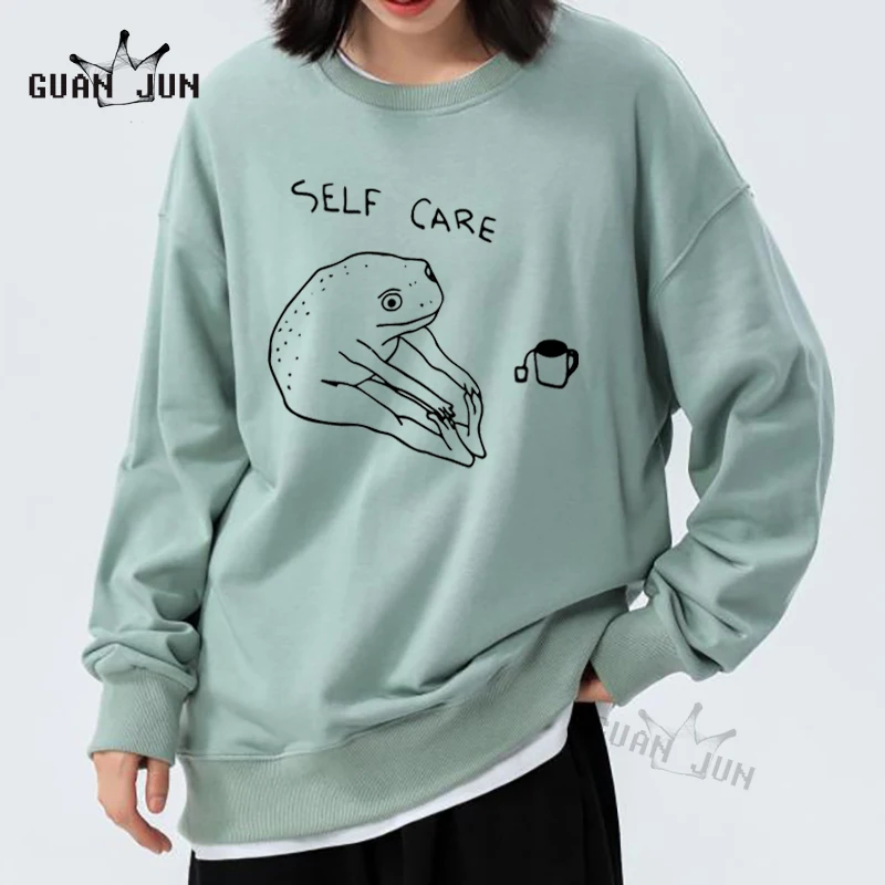 Funny Frog Self Care Sweatshirt Hoodies Women Hooded Crewneck Sweatshirts Loose Pullover Vintage Hoodie Streetwear