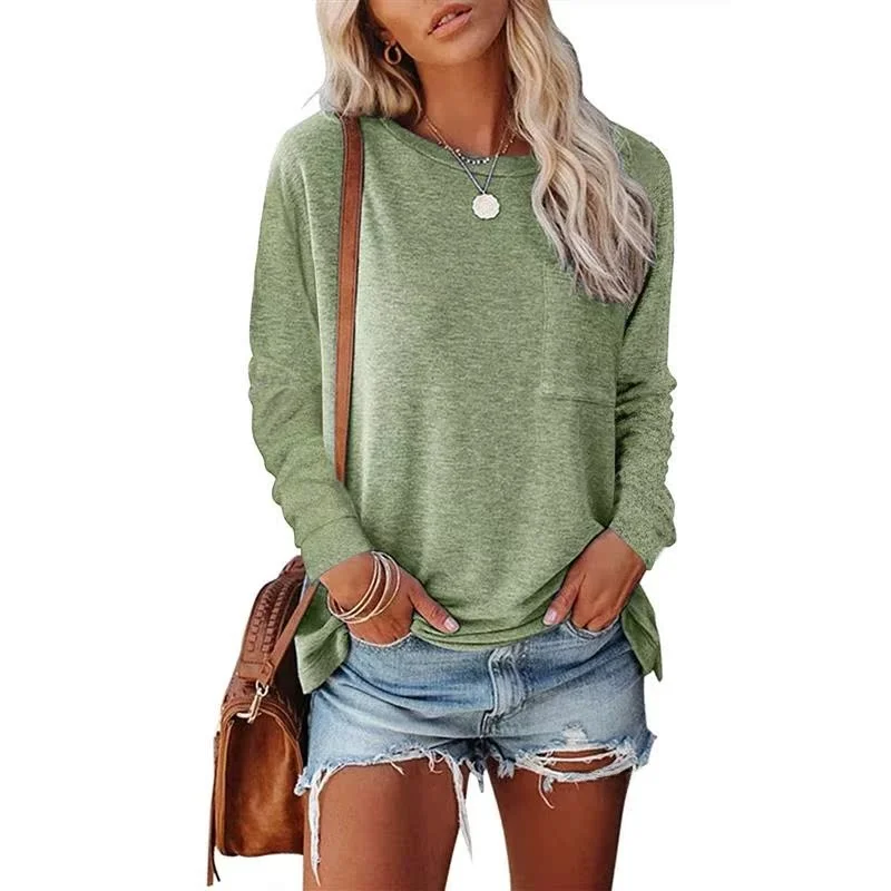 Casual Long Sleeve round Neck Pocket Clean Fit T-Shirt Women's Fall Winter Fashion Loose Top Comfortable Breathable  Color Tee
